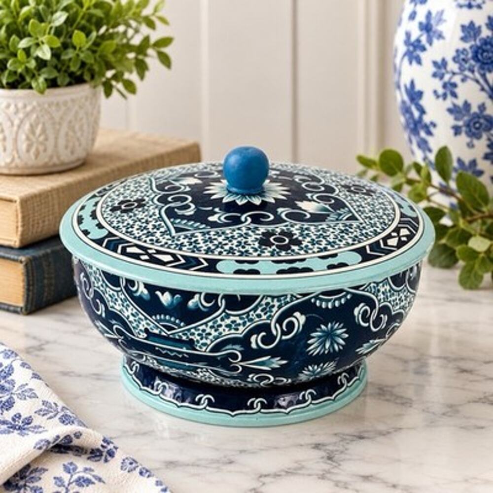 Vintage Daher England Blue White Floral Lidded Tin Bowl Footed Container Decor